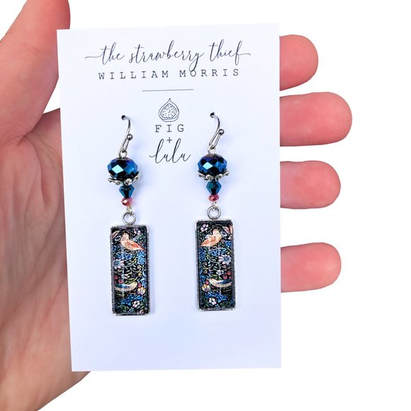William Morris Bird Strawberry Thief Art Nouveau Blue Cabochon Handmade Earrings - Picture 5 of 8